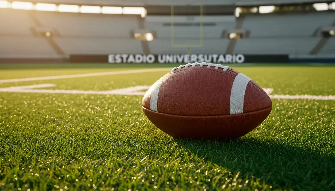 Balón de fútbol americano sobre el césped verde de un estadio universitario con líneas de yarda visibles al amanecer