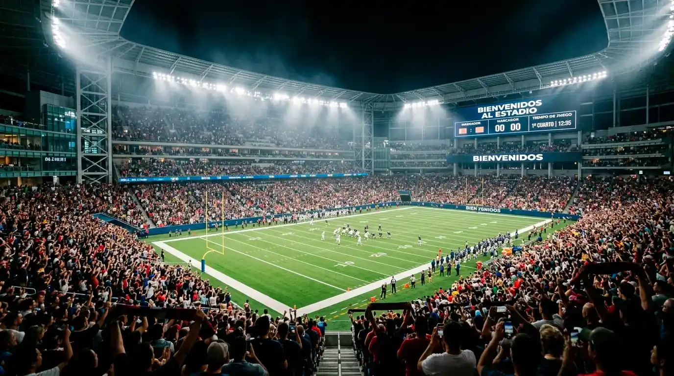 Estadio de fútbol grande lleno de aficionados durante un partido de fútbol americano con iluminación nocturna