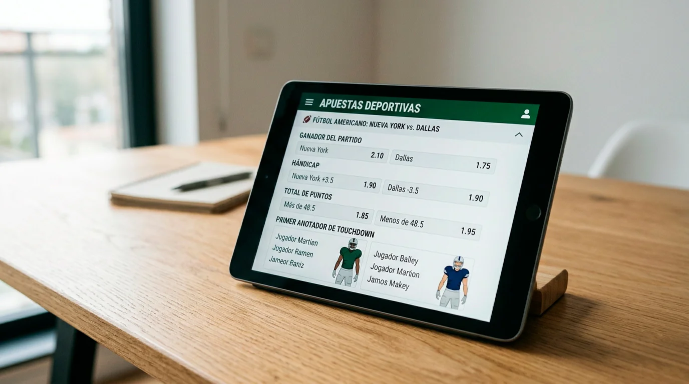 Tablet apoyado sobre una mesa mostrando múltiples opciones de mercados de apuestas de fútbol americano en su pantalla